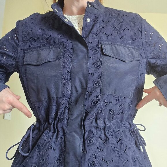 Gap Navy Floral Eyelet Utility lined Navy Jacket Drawstring Waist sz L - Picture 13 of 14
